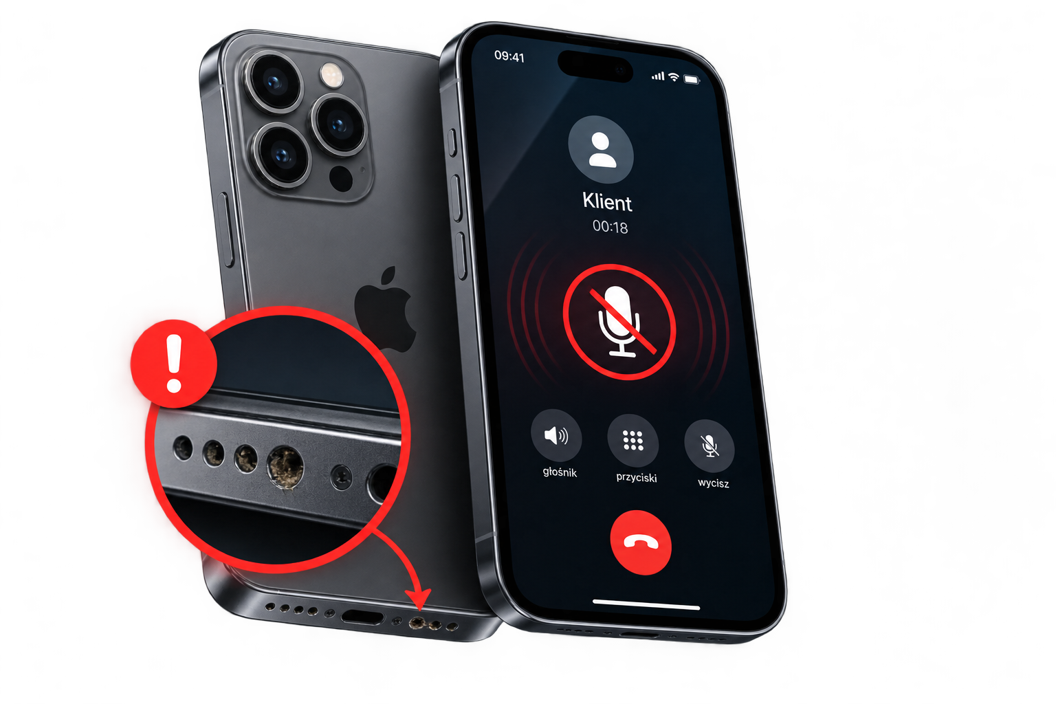 Telefon z uszkodzonym mikrofonem lub głośnikiem